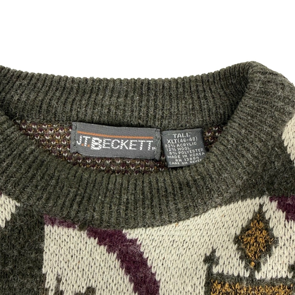 JT Beckett Vintage Mens XLT Abstract Geometric Knit Crewneck Sweater Olive Green - Picture 10 of 10